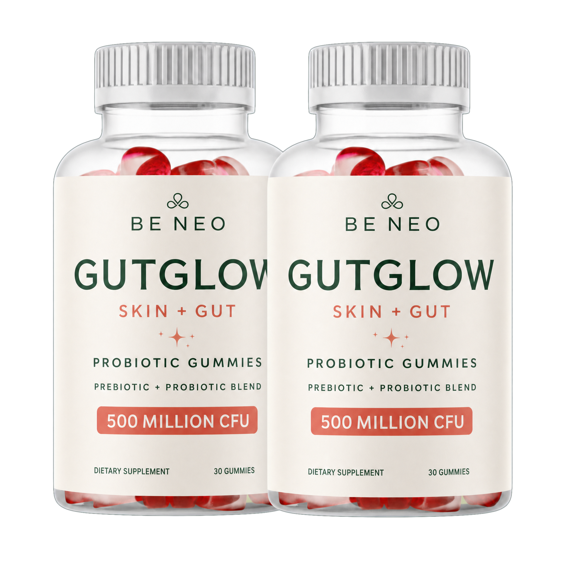 Be Neo GutGlow Skin + Gut probiotic gummies, two bottles