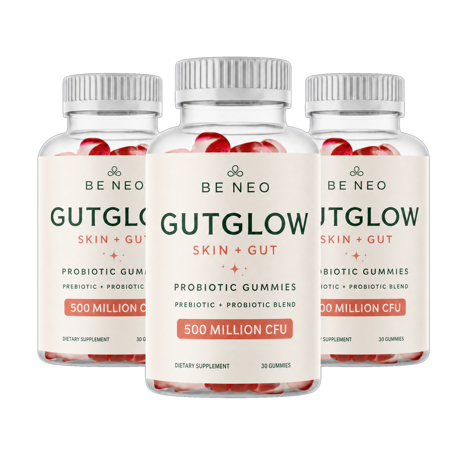 Be Neo GutGlow Skin + Gut probiotic gummies, three bottles